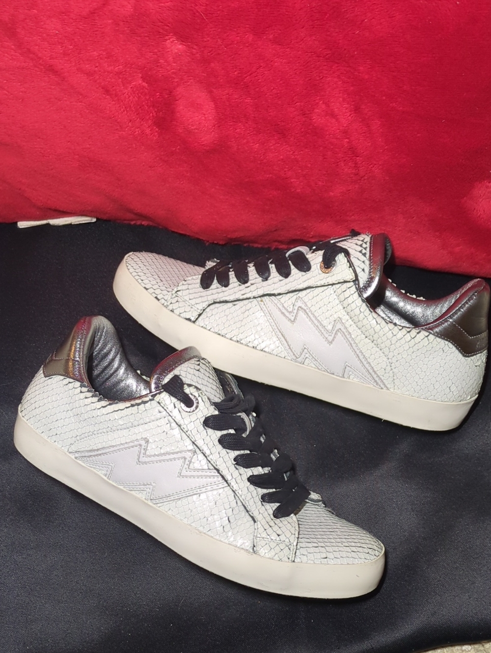 Zadig & Voltaire White Snake-Texture Sneakers with Black Laces